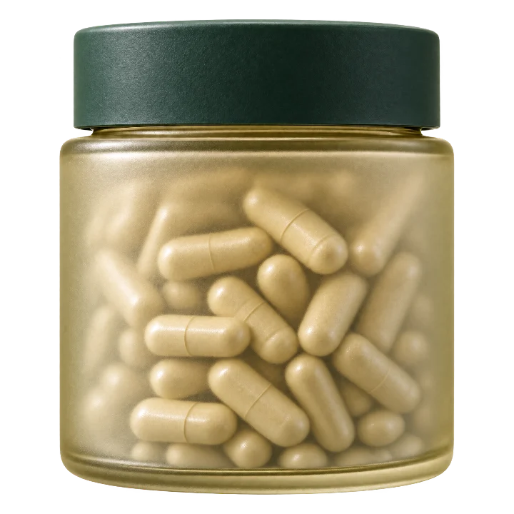 A frosted olive glass jar of AM-03 capsules with a matte pine cap